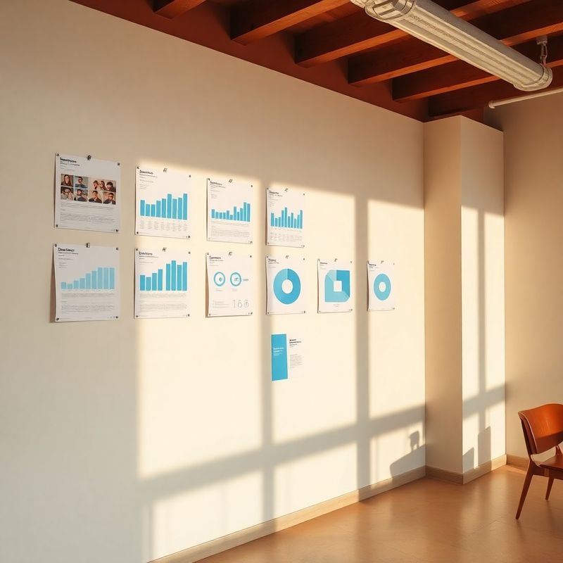 Parete portfolio con case study e grafici stampati nello studio di Napoli