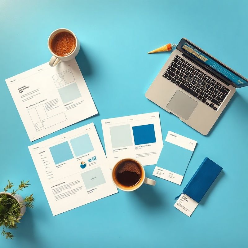 Materiali di branding e web design su una scrivania azzurra